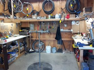 Organized bike barn workspace